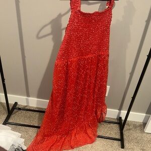 Red Sleeveless Maxi Dress - asymmetrical hem